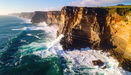 Dramatic ocean waves crash against rugged orange and brown cliffs under a bright blue sky with wispy clouds and golden sunlight illuminating the scene