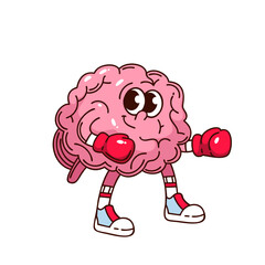 Cute brain mascot in boxing gloves ready to fight bad habits and alcohol harm. Groovy cartoon doodle style. Sticker of healthy lifestyle and brain influence, outline vector illustration.