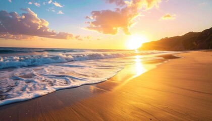 Golden Sunset Over Tropical Shoreline With Turquoise Water And White Sand Palm Leaves Frame Ocean Waves Crash Gently On The Beach