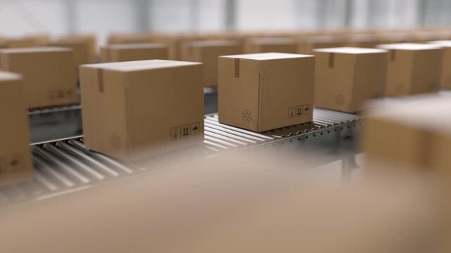 Seamless loop of countless cardboard boxes moving along a roller conveyor system. Automated warehouse logistics and distribution center concept. 3d loop animation 4k