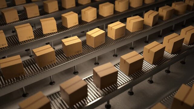 Seamless loop of packages and parcels moving on roller conveyors. Concept of automated sorting, shipping, and mass production in a warehouse. 3d loop animation 4k