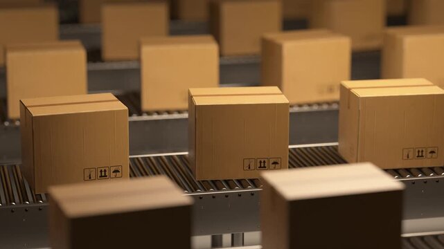 Countless cardboard boxes traveling on a complex system of conveyor belts in a distribution center. Perfect for e commerce and logistics concepts. 3d loop animation 4k