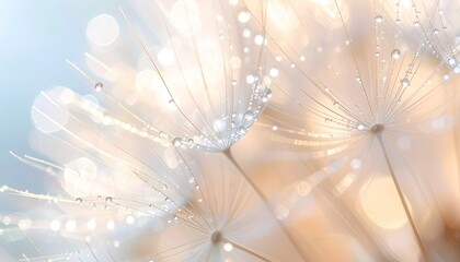 Macro Close up of Dandelion Seed Heads with Water Droplets and Soft Bokeh Lighting