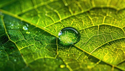 Macro Closeup Of A Single Water Droplet Resting On A Vibrant Green Leaf With Intricate Vein Patterns And Sparkling Dewdrops Under Natural Lighting
