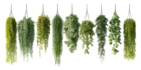 Row of dangling, varied green plant bunches