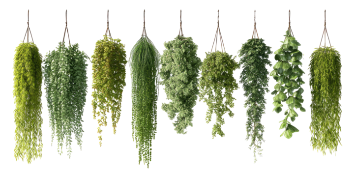 Row of dangling, varied green plant bunches