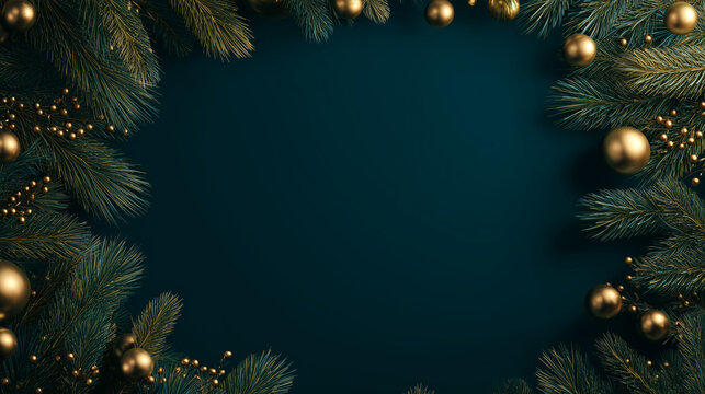christmas background, 3D render, realistic pine garland and golden ornaments framing the edges, depth of field, empty center area, cinematic lighting, powerpoint slide background