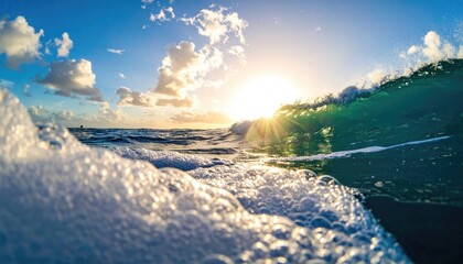 Ocean Wave Crashing at Sunset with Sun Rays Shining Through Water and Bubbles in a Tropical Setting
