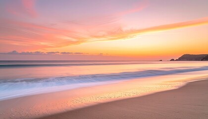 Ocean waves gently wash onto a sandy beach during a vibrant pink and orange sunset with distant coastal buildings and a serene atmosphere