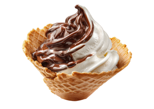 Ice cream swirl in waffle cone; chocolate syrup drizzle