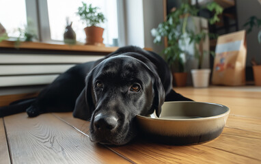 Black Labrador retriever resting by a dog bowl in the living room. Morning light fills the room.