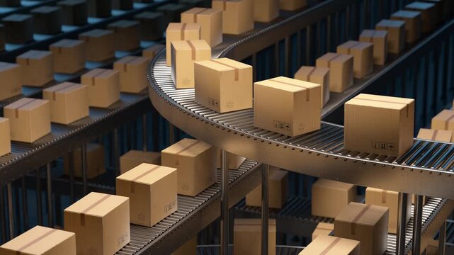 Endless loop of cardboard boxes moving along a roller conveyor system. Automated warehouse logistics and distribution center concept. 3d loop animation 4k