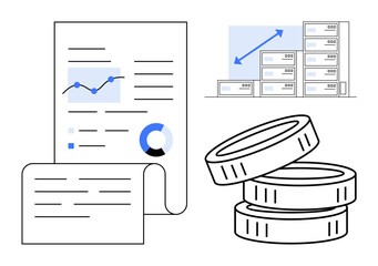 Documents with charts and graphs, stacked coins representing financial growth, servers with scaling arrows. Ideal for finance, data analysis, investment, banking, storage, economy digital trends