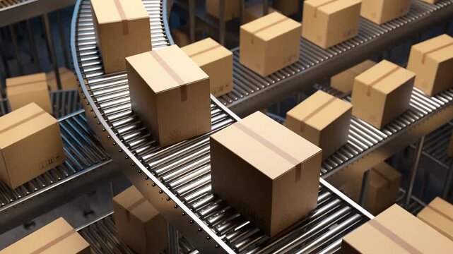 Endless loop of sealed cardboard boxes moving on a multi level roller conveyor system. Modern automated factory or warehouse distribution center. 3d loop animation 4k