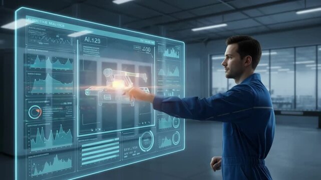 Technician interacting with AIdriven dashboard displaying predictive analytics data for proactive industrial equipment maintenance.