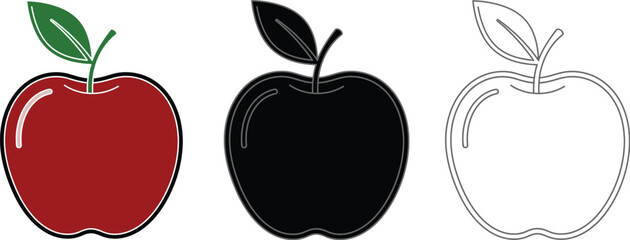 Three apple illustrations: one red with a green leaf, one black, and one in outline.
