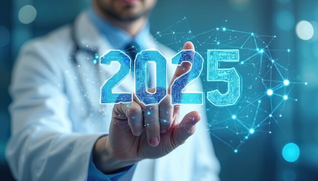 Doctor touches blue digital number 2025. Connected dots form network. Future healthcare technology advances. Medical innovation. New era medicine.