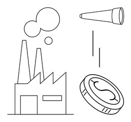 Factory emitting smoke, a coin symbolizing economy, and a telescope for vision and future exploration. Ideal for business, industry, strategy, economy, vision, forecasting simple flat metaphor