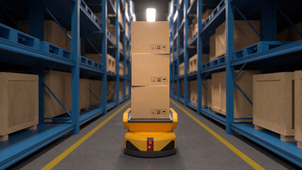Naklejka premium Autonomous robot transporting packages in modern