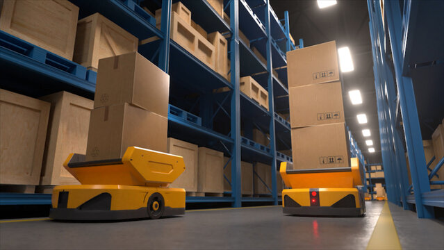 Autonomous robots transporting cardboard boxes in