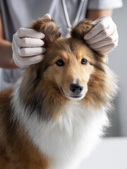 Collie being examined by a veterinarian in a clinic. Gloved hands hold the ears for inspection.