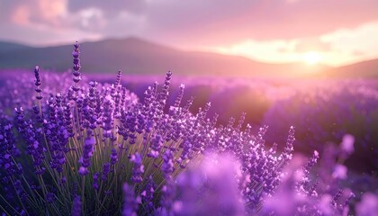 Purple lavender field at sunset with soft light and distant mountains in Provence France