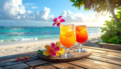Refreshing Tropical Cocktails On A Wooden Table At A Sunny Beach With Ocean And Palm Trees In The Background