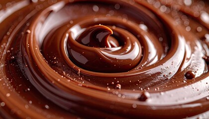 Rich Dark Chocolate Swirl with Glossy Texture and Scattered Cocoa Powder Specks Captured in Macro Detail with Soft Studio Lighting