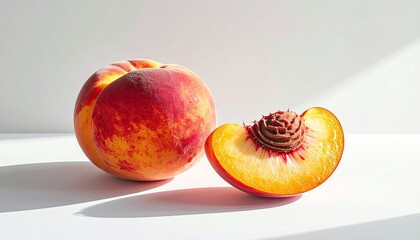 Ripe Fuzzy Peach and Slice with Seed Showing Detailed Texture and Vibrant Colors in Bright Sunlight