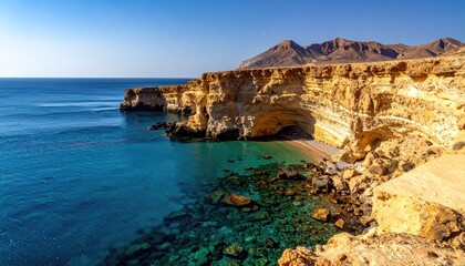 Rocky Cliffs Overlooking Crystal Clear Turquoise Water in a Serene Coastal Landscape Under Bright Sunlight