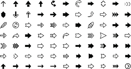Naklejka premium A collection of various arrow designs and shapes pointing in different directions, presented in a black and white graphic arrangement.
