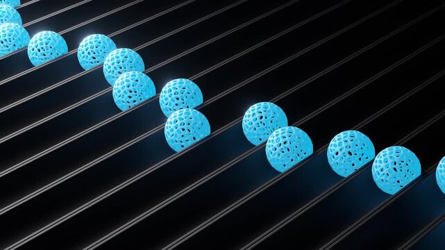 Abstract animation showing glowing light blue spheres with an intricate voronoi pattern rolling down parallel tracks on a dark background, representing progress, technology, and movement