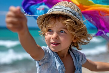 Boy enjoying a colorful kite flying on the beach in bright sunlight during summer vacation