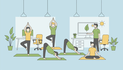 A modern office scene where employees are actively participating in a yoga class highlighting wellness initiatives and mental health support.