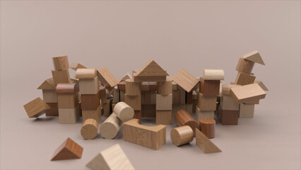 Wooden building blocks forming abstract structures