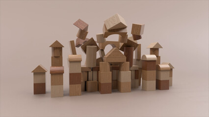Wooden building blocks stacking and collapsing