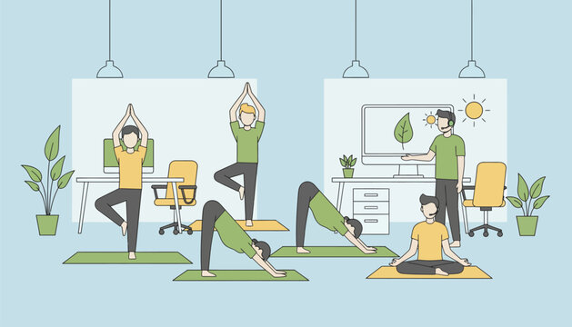 A modern office scene where employees are actively participating in a yoga class highlighting wellness initiatives and mental health support.