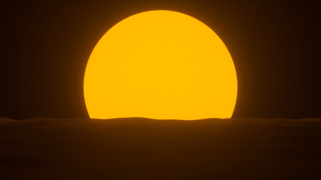 Warm light from giant sun setting over dark