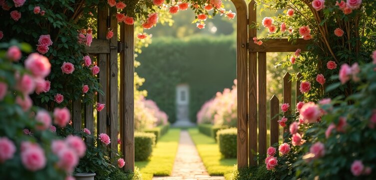 Wooden garden gate adorned with blooming pink roses. A paved path leads through lush greenery toward a distant building. Sunlight filters through the leaves creating a tranquil, idyllic scene.