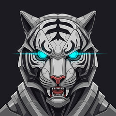 Robotic White Tiger Head with Glowing Blue Eyes.