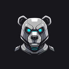 Robotic Panda Head with Glowing Blue Eyes on a Dark Background.