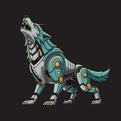 Robotic Wolf Howling Vector Illustration on Dark Background.