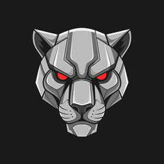 Robotic Panther Head with Glowing Red Eyes on Black Background.