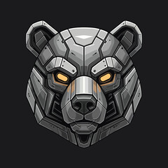 Robotic Bear Head with Glowing Eyes on Dark Background.