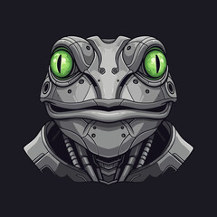 Robotic Frog Head with Bright Green Eyes on Dark Background.