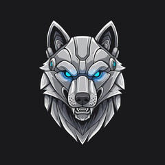Robotic Wolf Head with Glowing Blue Eyes on Dark Background.