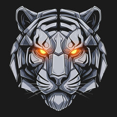 Robotic White Tiger Head with Glowing Orange Eyes on a Dark Background.