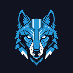 Striking Blue Cybernetic Wolf Head Illustration on Dark Background.