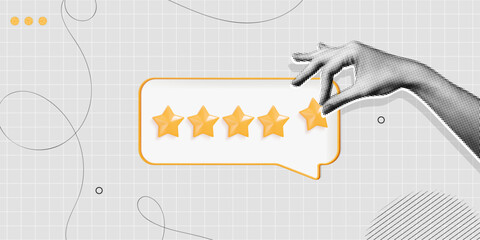 Trendy Halftone Collage Feedback or rating concept. Hand holds gold five star rating. Best score point to review service. Five star for quality customer rating. Contemporary vector illustration art