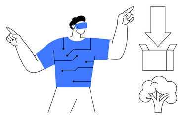 Man wearing VR headset with circuit design pointing forward, box with download arrow, and tree icon. Ideal for technology, innovation, virtual experience, recycling, nature, futurism and digital